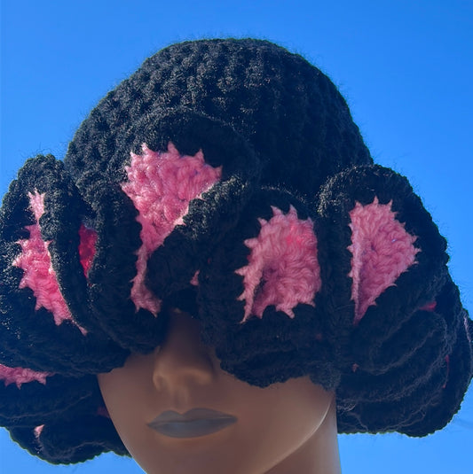 "Peek-A-Boo" (Pink and Black) Crochet Ruffle Hat