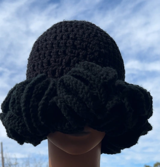 "Jet Black" Crochet Ruffle Hat